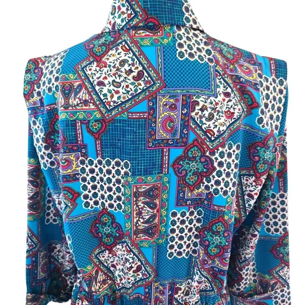Vintage 80s Schrader Petite Dress Womens 14P Paisley Patchwork Shirtdress Midi